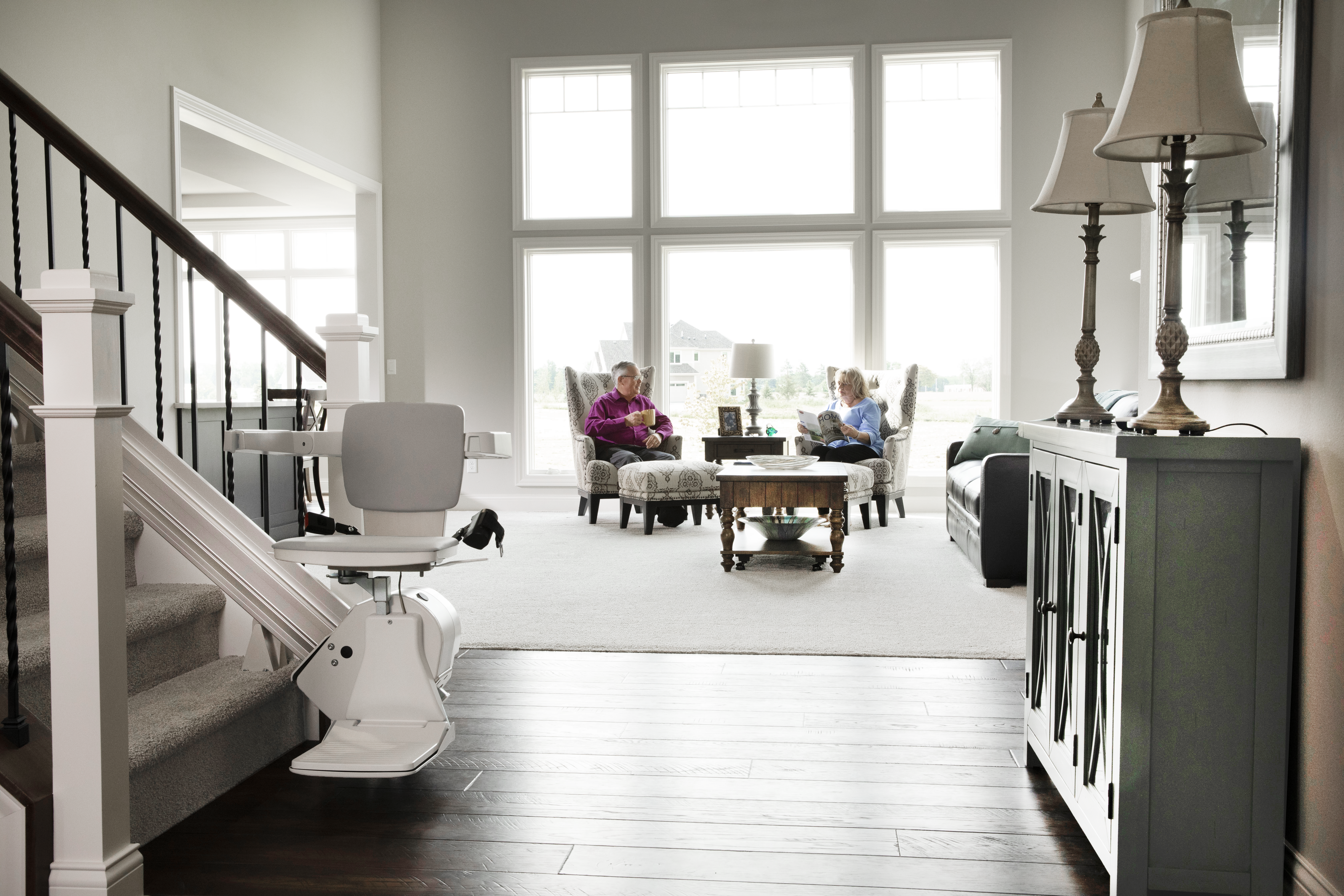 Bruno Elite curved outdoor stair lift on exterior deck stairs Portland Oregon